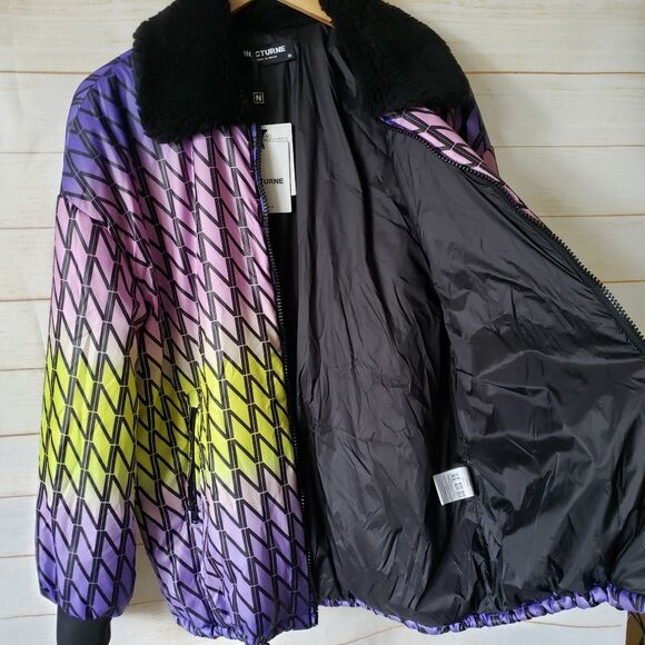 Nocturne Oversized Puffer Jacket Coat Faux Fur Collar Ombre Lined Women Large - Picture 12 of 16